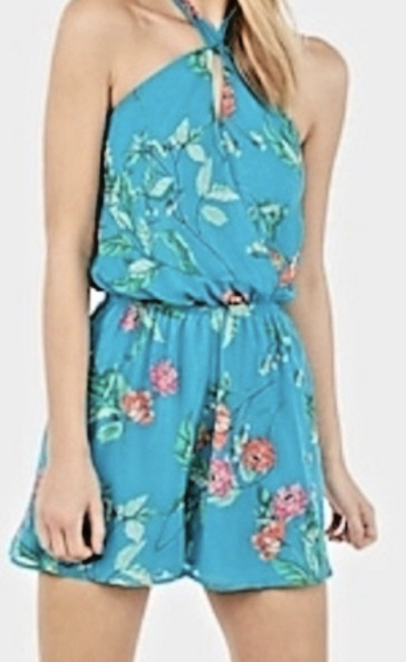 Express Blue Floral Halter Romper XL